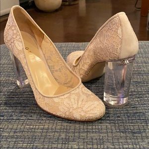 M. Gemi cream lace shoes with lucite block heel